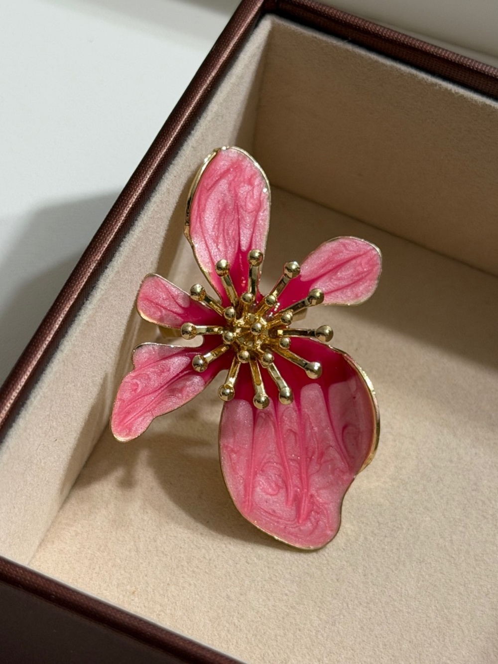 Vintage Golden Pink Oil Dripping Asymmetrical Exaggerated Flower Adjustable Ring